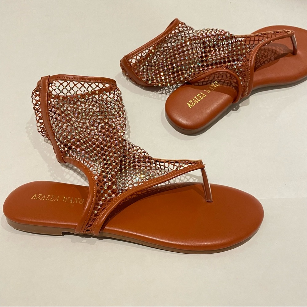 AZALEA WANG - Flat Mesh Flip-flops Rhinestone Sandals - Picture 7 of 9